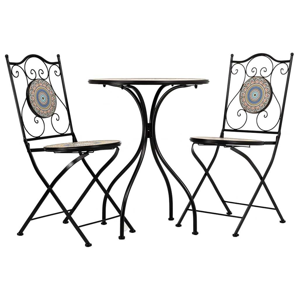 WANDERLUST DECO Conjunto de Jardín Mesa y 2 Sillas de Mosaico Naranja y Forja Negra, Set Bistró para Terraza o Exterior, Mesa Ø60 cm con Sillas Decorativas, Mobiliario Exterior Elegante