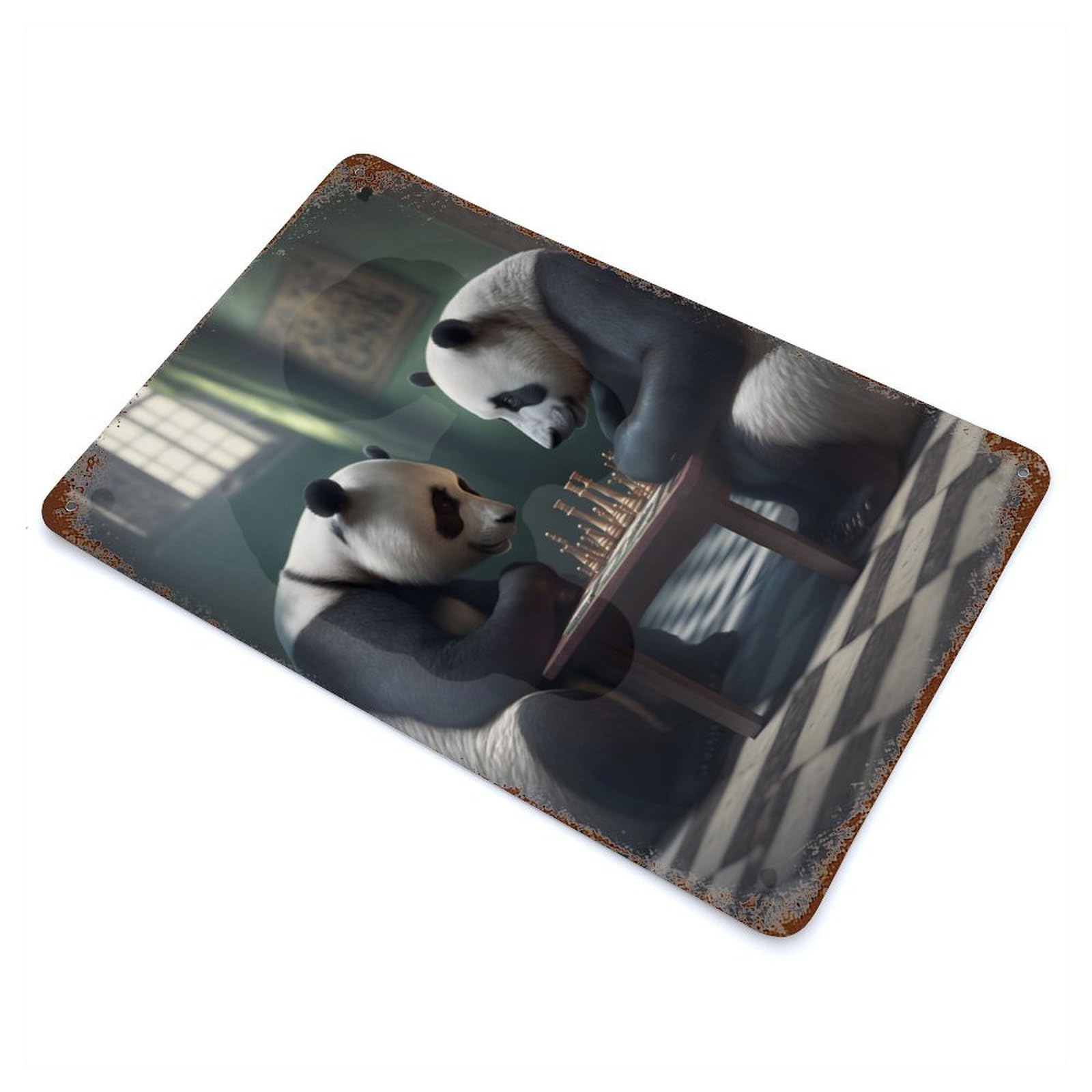 Vintage Rust Metal Sign with Pandas Playing Chess Design 11.8"x7.9", for Garage, Bar And Workshop Decor, Retro Wall Decor