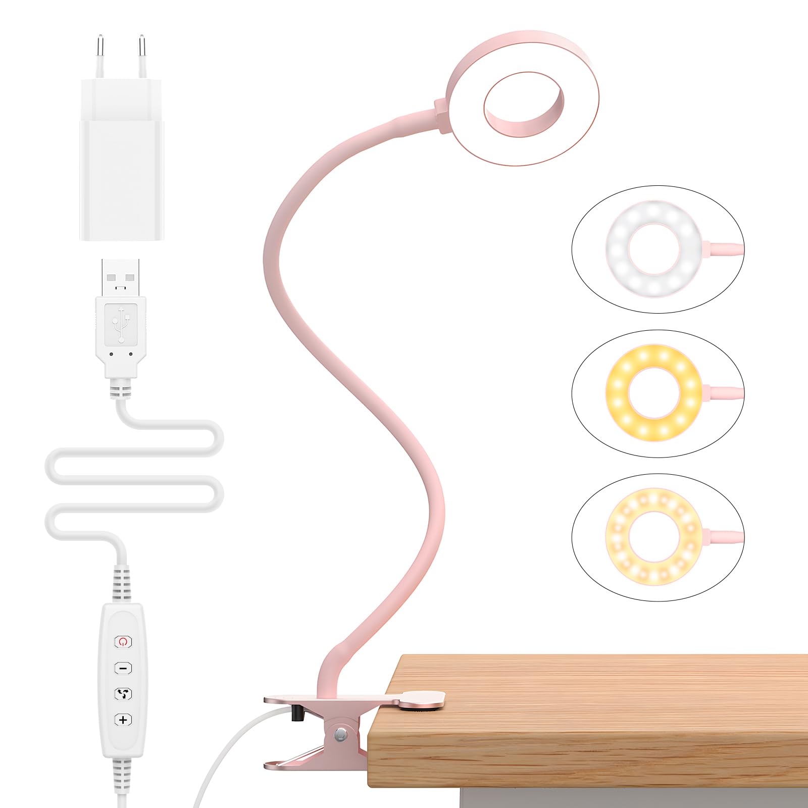 iZELL Lampada da Lettura 23 LED con Caricatore USB Lampada con Pinza-3 Colore e 10 Luminosità, 40 CM Blocca 99.99% della Luce Blu Lampada Scrivania con Morsetto per Libro, Lavoro, Letto, Tavolo-Rosa