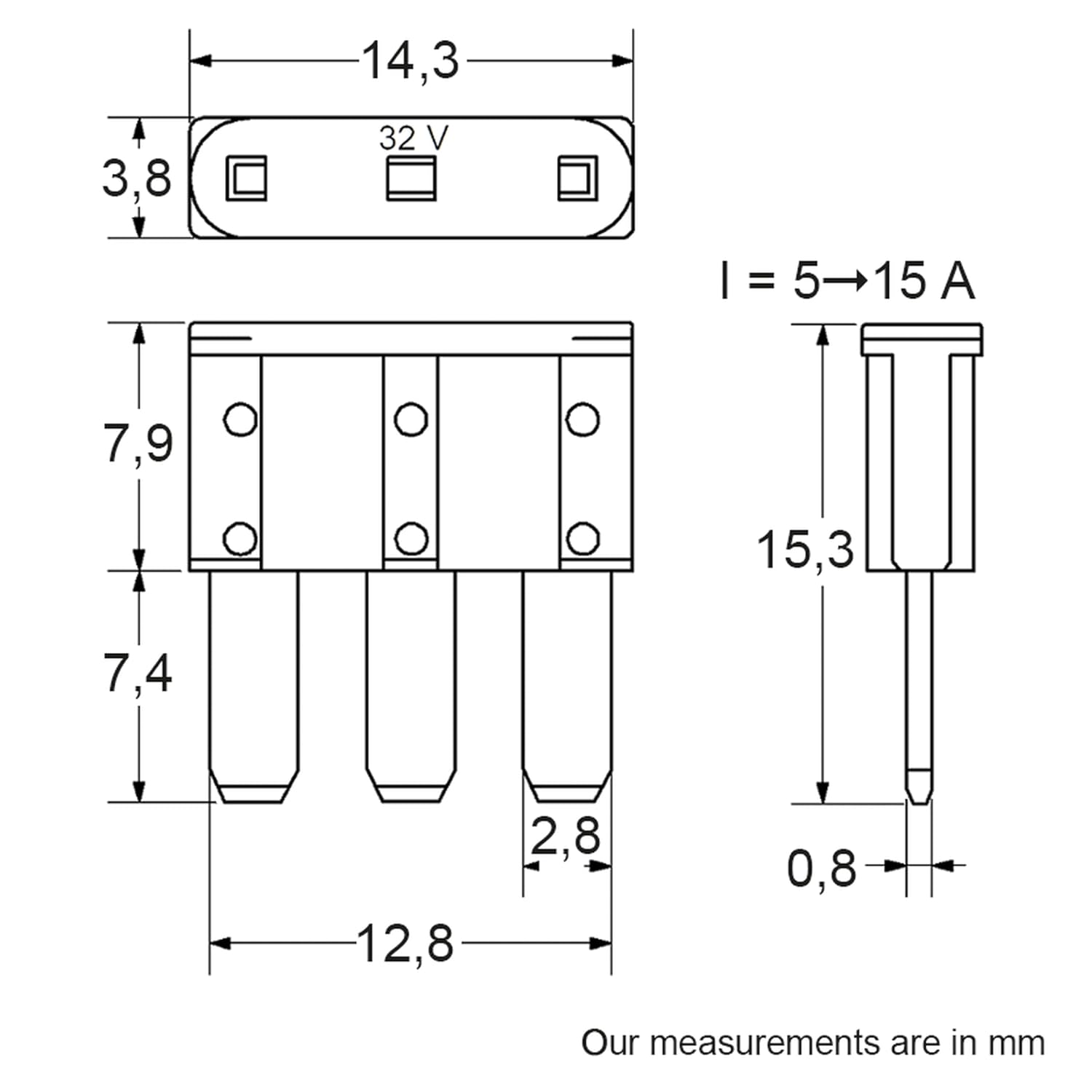 Pack of 4 Micro III Flat Fuses in Bag 32V 5A-15A