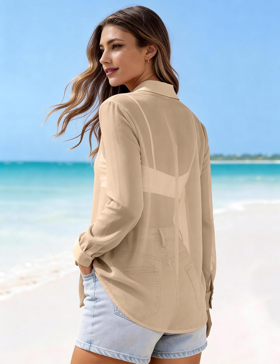 Kissonic Sheer Tops for Women Long Sleeve Button Down Blouse Sexy See Through Trendy Mesh Shirts