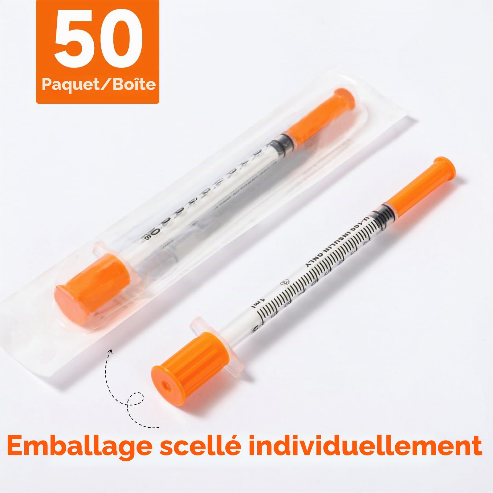 Seringue à insuline avec aiguilles, U-100 1ml/cc, 30G 5/16" (8 mm) Boîte de 50 seringues de fournitures de laboratoire emballées individuellement