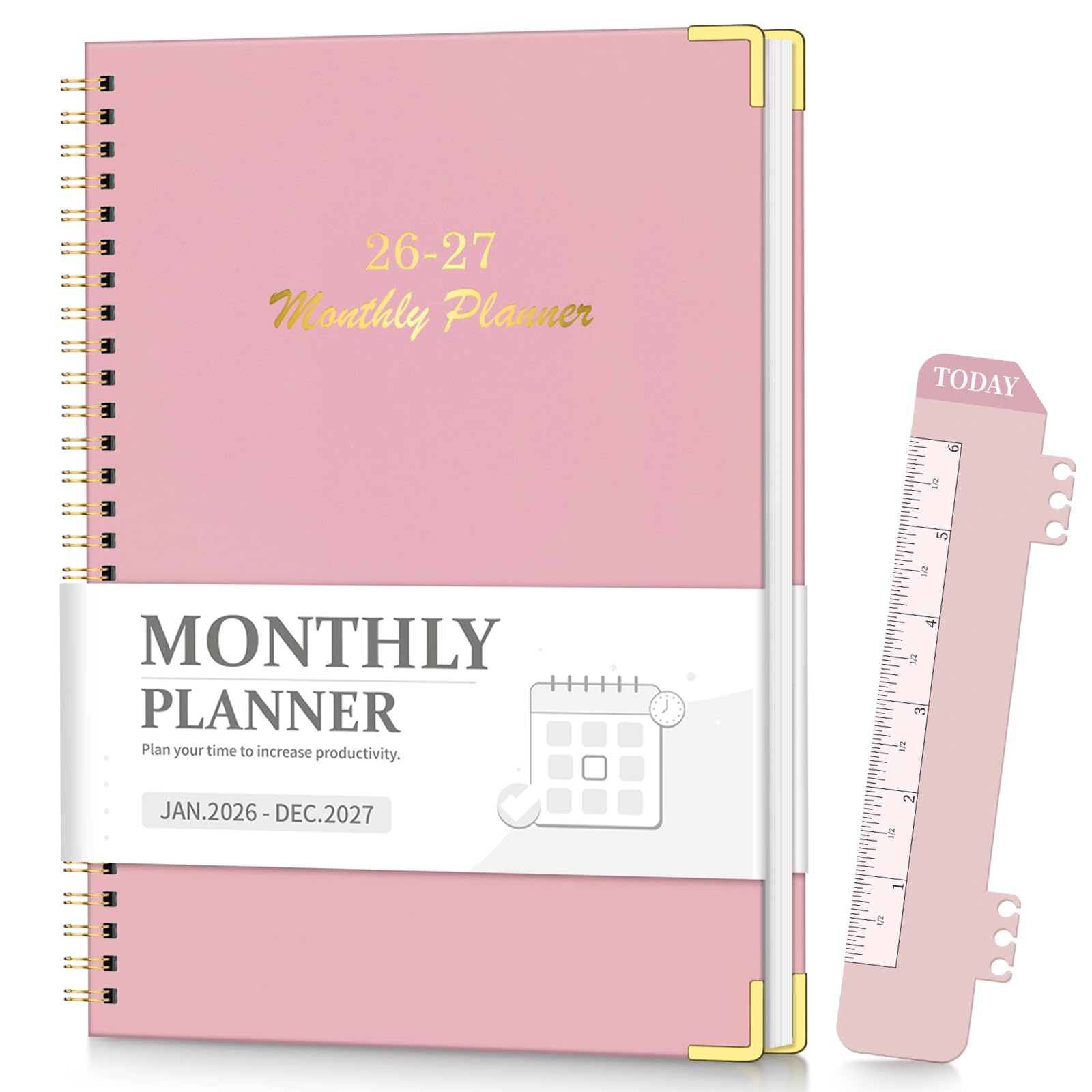 2026-2027 Monthly Planner for Jan 2026-Dec 2027, 7.4" x 10.2" 24-Month Calendar Planner, 2 Years Spiral Hardcover Calendar for School & Office, Pink