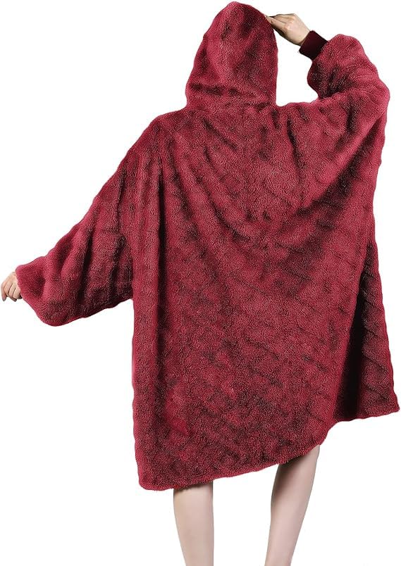 MIZZEO Oversized Wearable Blanket One Size Fits All, Super Warm and Cozy Flannel Hoodie Blanket for Women Men (BURGUNDY)