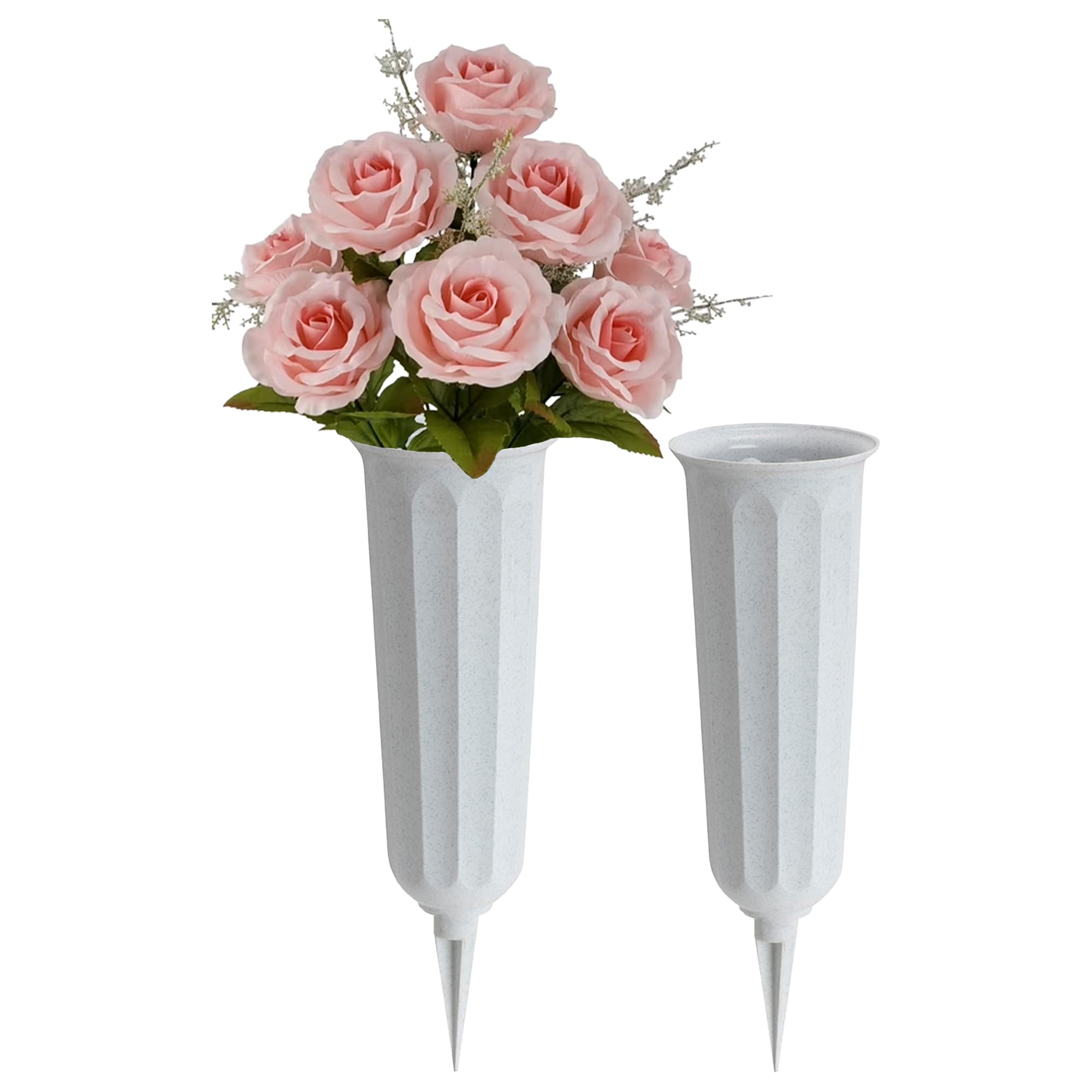 2 Pack Plastic Cemetery Vase with Ground Spike – 9.75" x 3" Outdoor Grave Flower Holder – Granite Memorial Floral Container