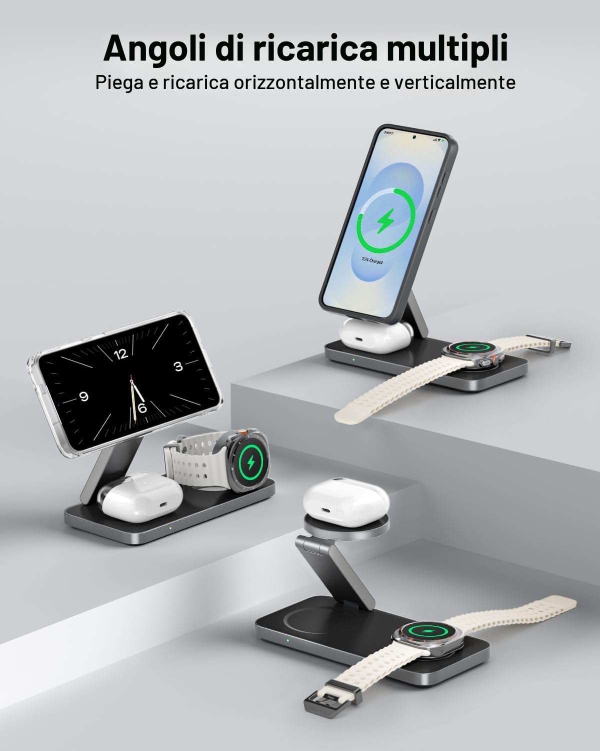 Stazione di Ricarica 3 in 1 per Samsung, Caricatore Wireless Pieghevole per Galaxy S26/S25/S24/S23/Z Fold/Flip Series, Galaxy Watch Ultra/8/7/6/5, Galaxy Buds Pro/3/2, Incl. Adattatore 20W-Nero