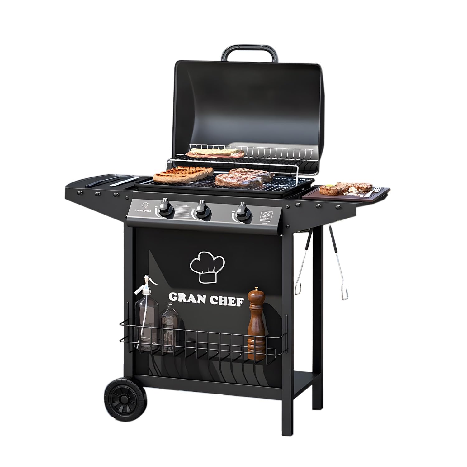Barbecue a Gas 3 Fuochi Thomas – BBQ da Esterno in Acciaio Nero con Griglia Inox, Termometro, Cappa, Accensione Piezoelettrica e Ruote, Barbecue a Gas Esterno Compatto e Potente