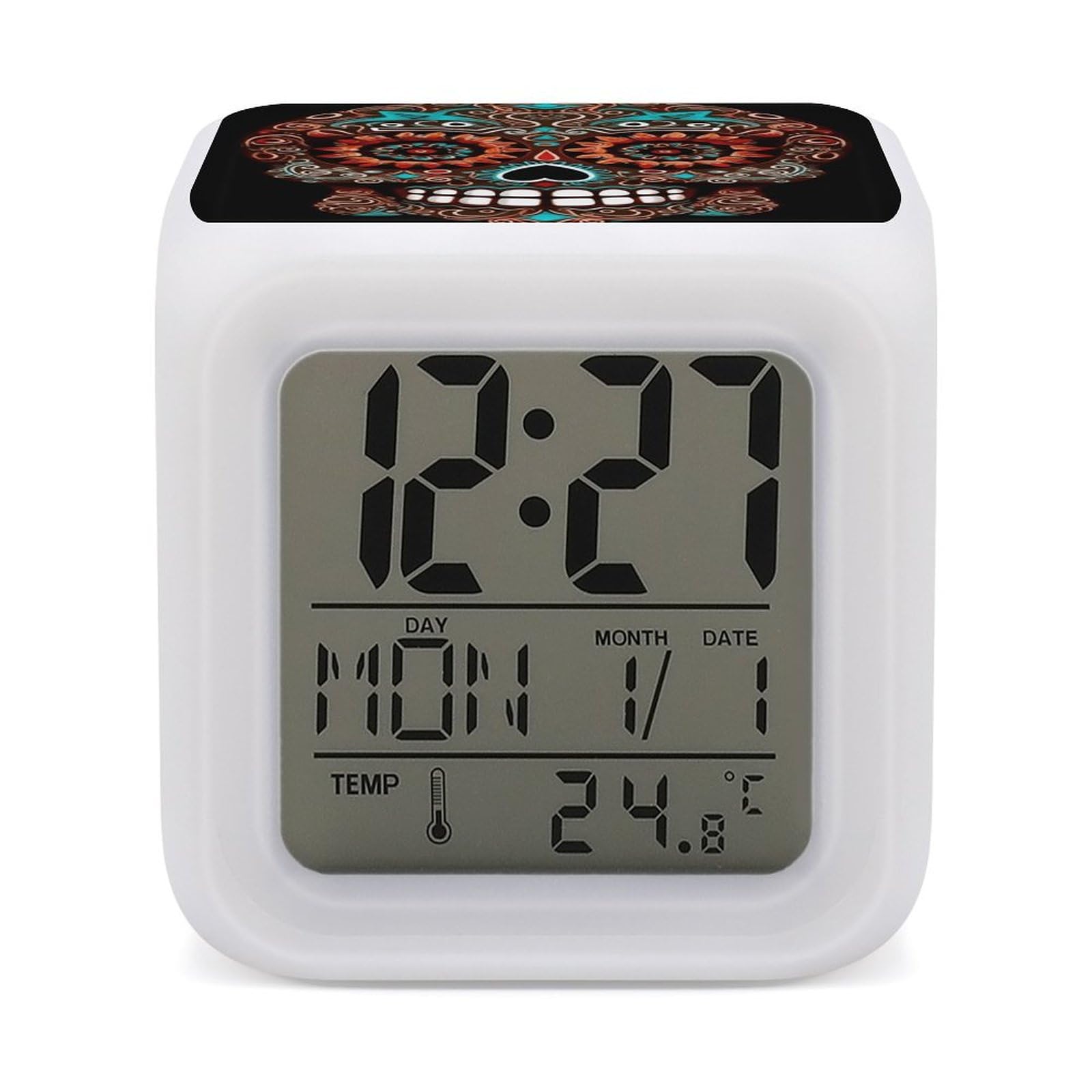 JTREHY 7 Color Changing LED Digital Alarm Clock,Sugar Skulls Day of The Dead Printed Wake-up Clock with Temperature Display Home Decoration Alarm Clock for Bedroom Office