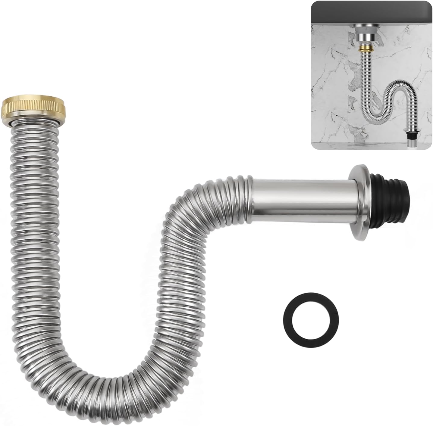 1 1/2 Inch Single-Trough Drain Hose Stainless Steel Flexible Sink Drain Hose P-Trap Suitable for Kitchens, Bathrooms, Outdoors and RV