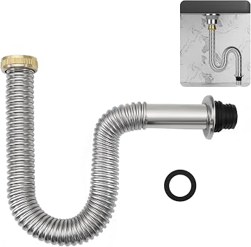 1 1/2 Inch Single-Trough Drain Hose Stainless Steel Flexible Sink Drain Hose P-Trap Suitable for Kitchens, Bathrooms, Outdoors and RV
