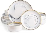 POKINI Dinnerware Set, 12 Pieces Plates and Bowls Set, Dish Set for Wedding Anniversary Birthday, Grey and Gold