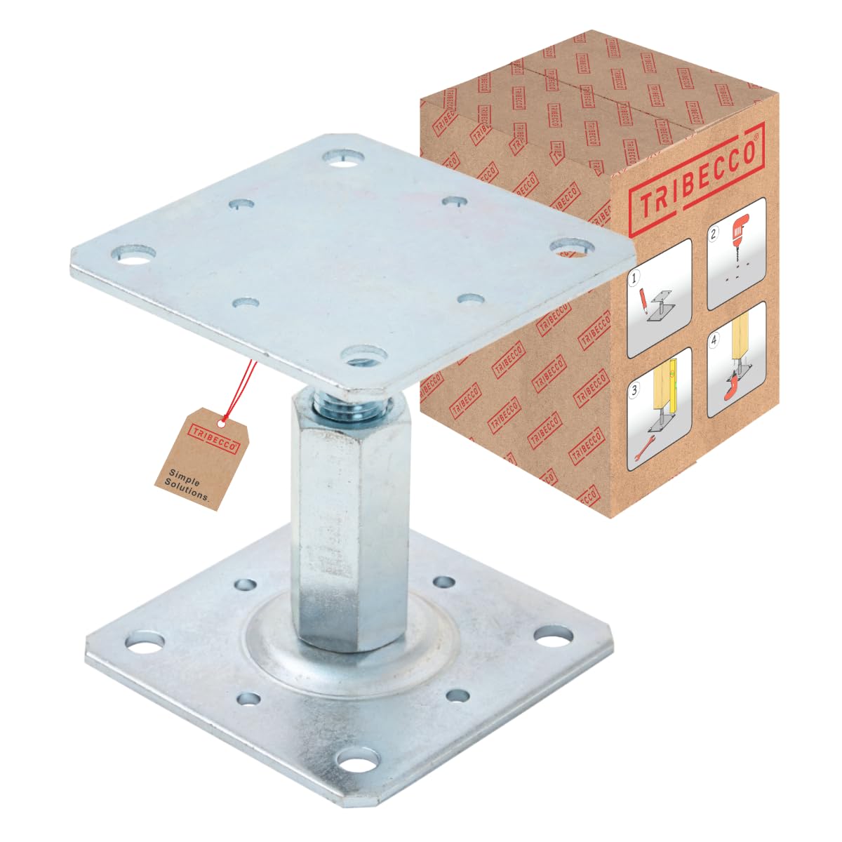 TRIBECCO Support de poteau 110 x 110 cm pour poteaux en bois carrés, support réglable en hauteur de 8 à 15 cm, en acier galvanisé à chaud de 4 mm, à cheviller, pour poteaux, escaliers, scènes