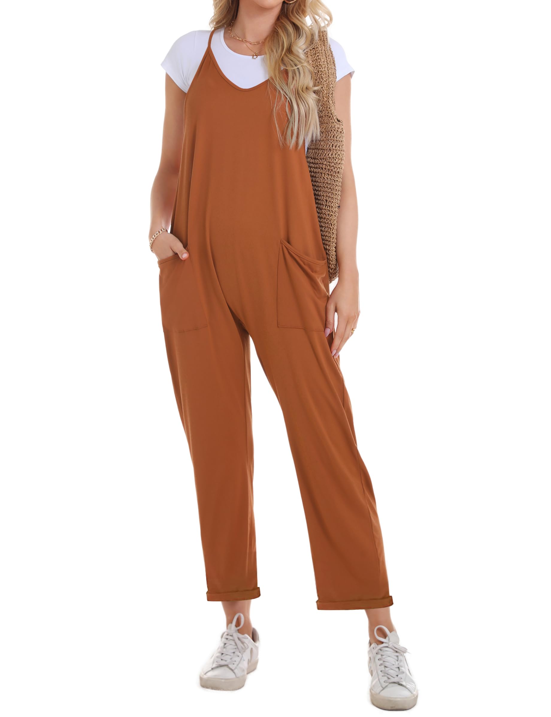 Migcaput Mono Peto Suelto Mujer Verano Pantalones de Peto Mujer Largo Moda Color Sólido Jumpsuits Overalls con Bolsillos Ancha Playa Cómodo Pantalón Rompers