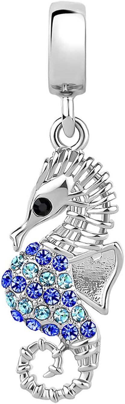 – Blue CZ Seahorse Hippocampus Charm Compatible with Pandora Moments Bracelets Sea Fish Ocean Animal Mermaid for Women Girls