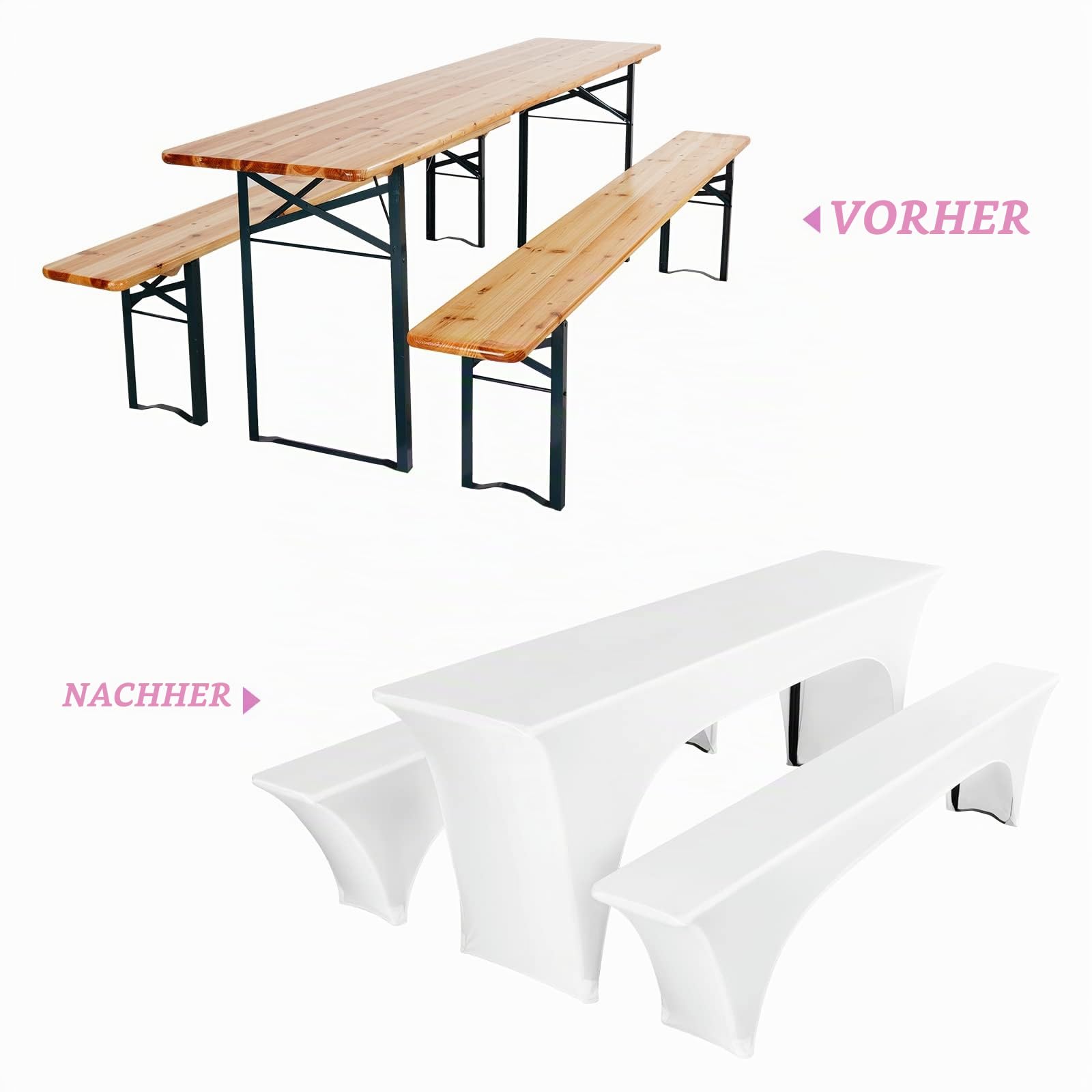 Pesonlook 3er Pack Dreiteilige Sets Biertischhusse Weiß Stretch Biertisch und Bank Set Husse für 50cm Tischbreite, Bierbankhusse, Bierzeltgarnitur 220x50x70cm für Bankett Outdoor Möbel Schonbezüge