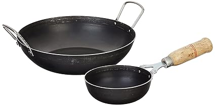 Amazon Brand - Solimo Sheet Metal Iron Cookware Set of 2 Pcs (Kadai 24 cm, Tadka Pan 13 cm) (Black)