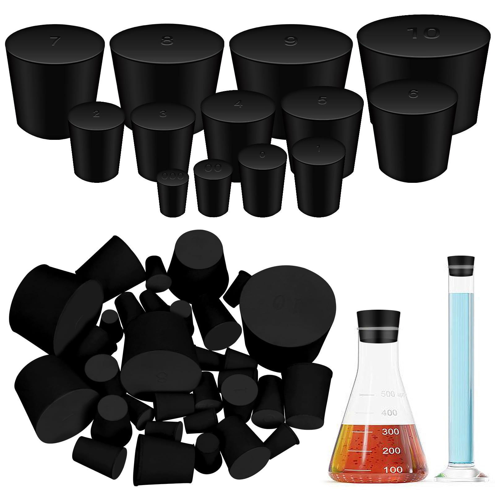 Glarks 32pcs 000#-10# Solid Rubber Stopper, 13 Sizes Black Tapered Lab Seal Rubber Stoppers, Assorted Sizes Lab Plug, Tapered Lab Bungs Solid Rubber Stoppers for Flask, Plug Holes, Test Tube