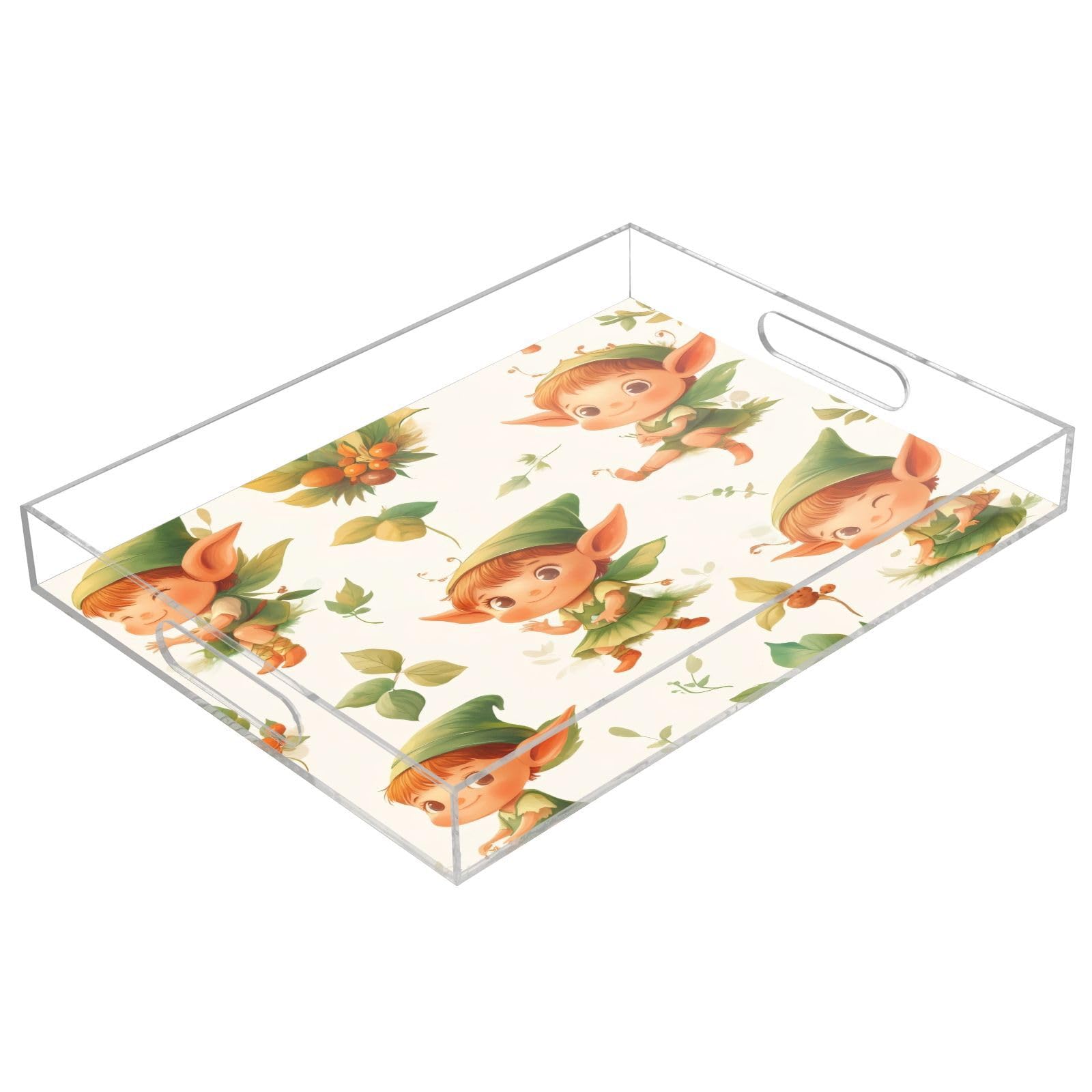 Msyxl Lovely Elves Serving Tray for Coffee Table, Decorative Acrylic Tray Lovely Elves Tray with with Handles for Breakfast, Ottoman, Countertop, 12x16 in