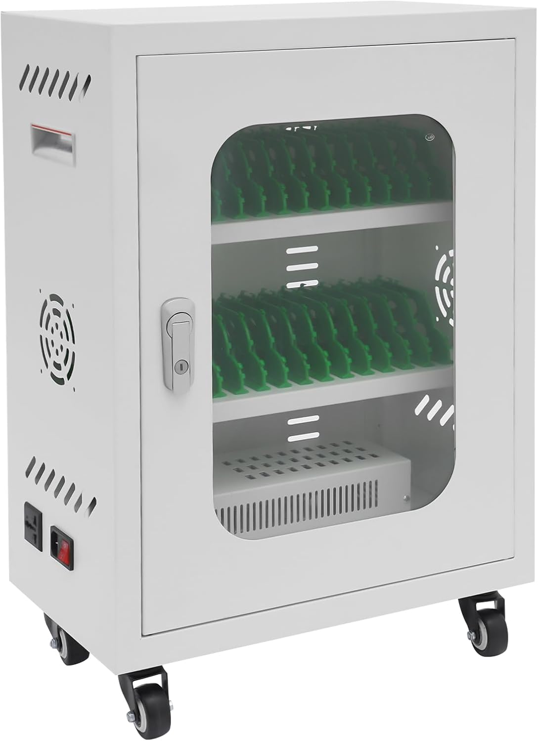 30 Unit Device Charging Station for 8'' Phone, USB Charging Station with Power Cord Management, 30-Device Classroom and Office Mobile Charging Storage Cart, White