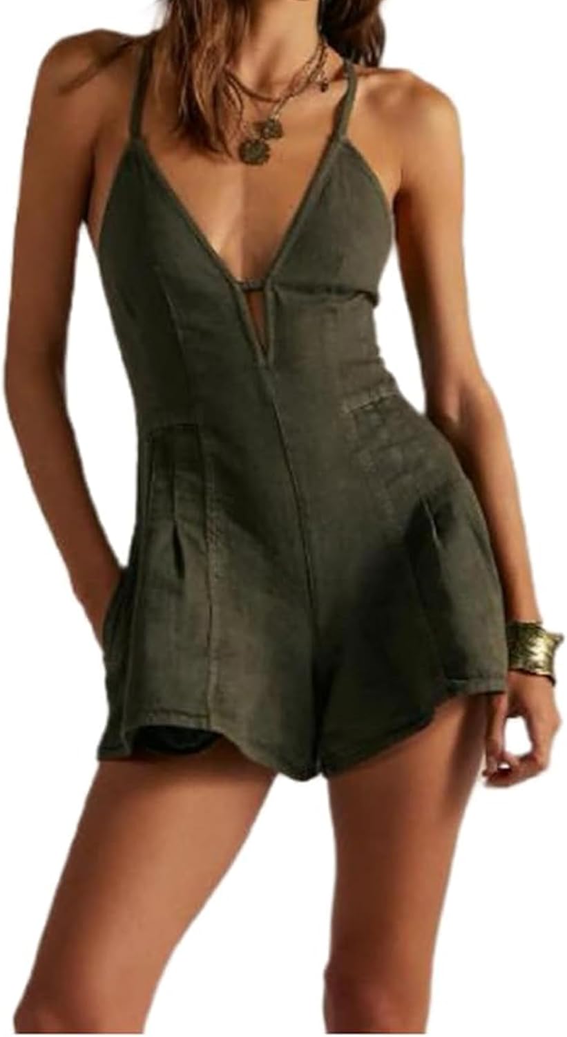Women Denim Shorts Overalls Sleeveless Spaghetti Strap V Neck Backless Tie-Up Shorts Jumpsuit Casual Jean Romper