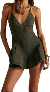 Women Denim Shorts Overalls Sleeveless Spaghetti Strap V Neck Backless Tie-Up Shorts Jumpsuit Casual Jean Romper