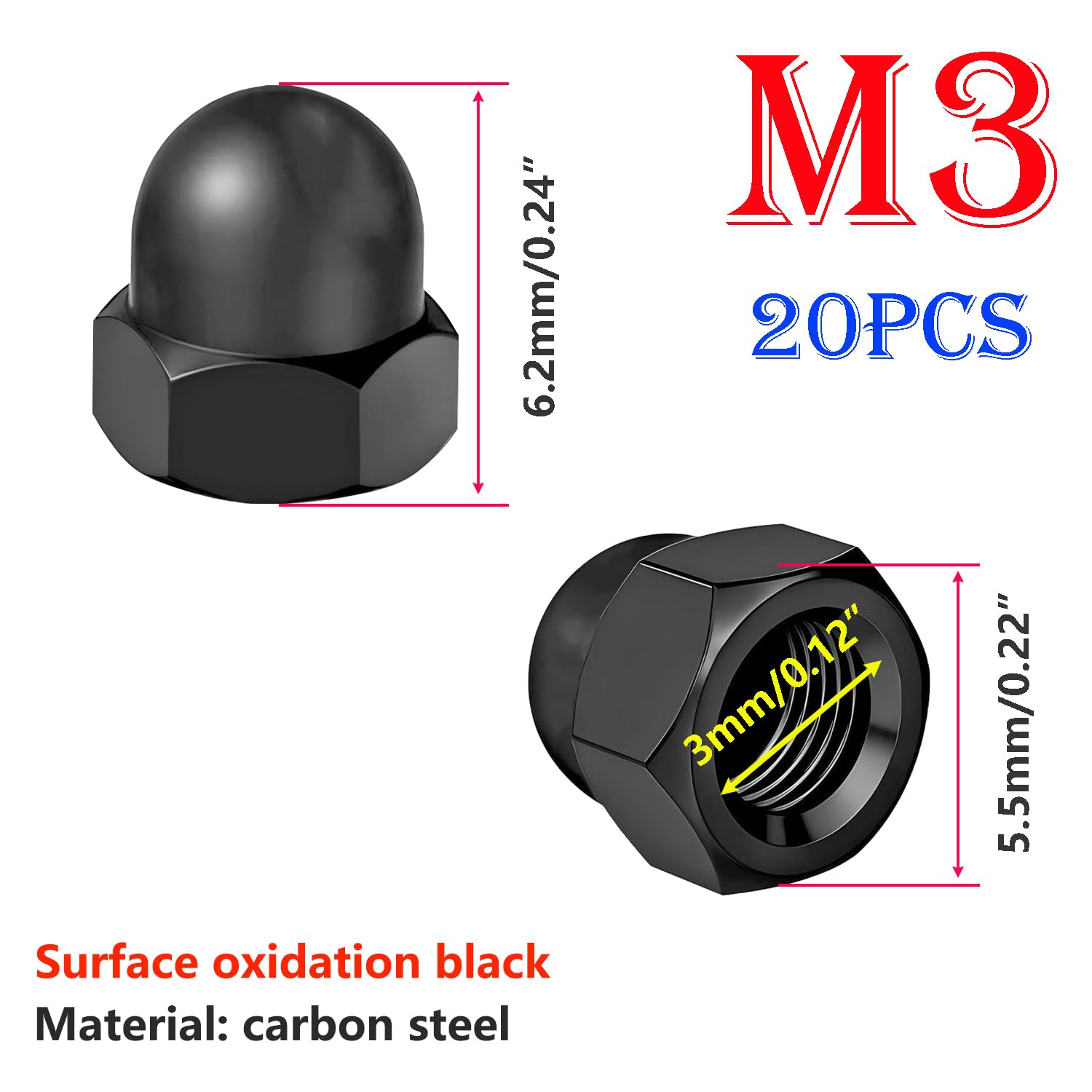 Qrity 20 Pcs Acorn Cap Nuts, M3 Black Carbon Steel Dome Nuts, Decorative Hex Cap for Protecting Screws and Bolts - Image 2