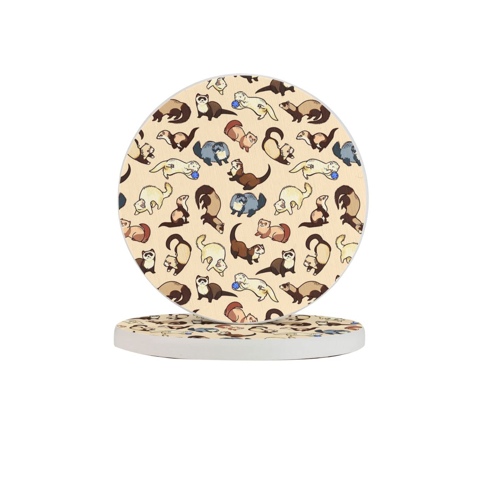 Adorable Ferret Pattern Two Pieces Coaster Heat-Resistant Reusable Saucers for Drinks Wine Glasses Plants Cups Mugs