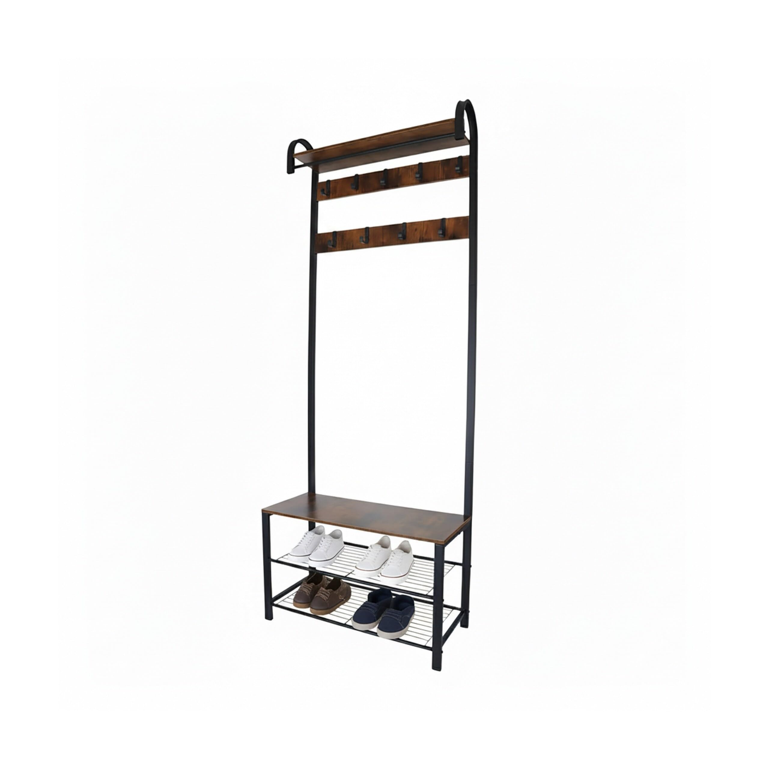 Relaxdays Perchero con Banco Zapatero de 2 estantes, 9 Ganchos, repisa Sombreros, 182 x 69 x 30 cm, Negro/marrón