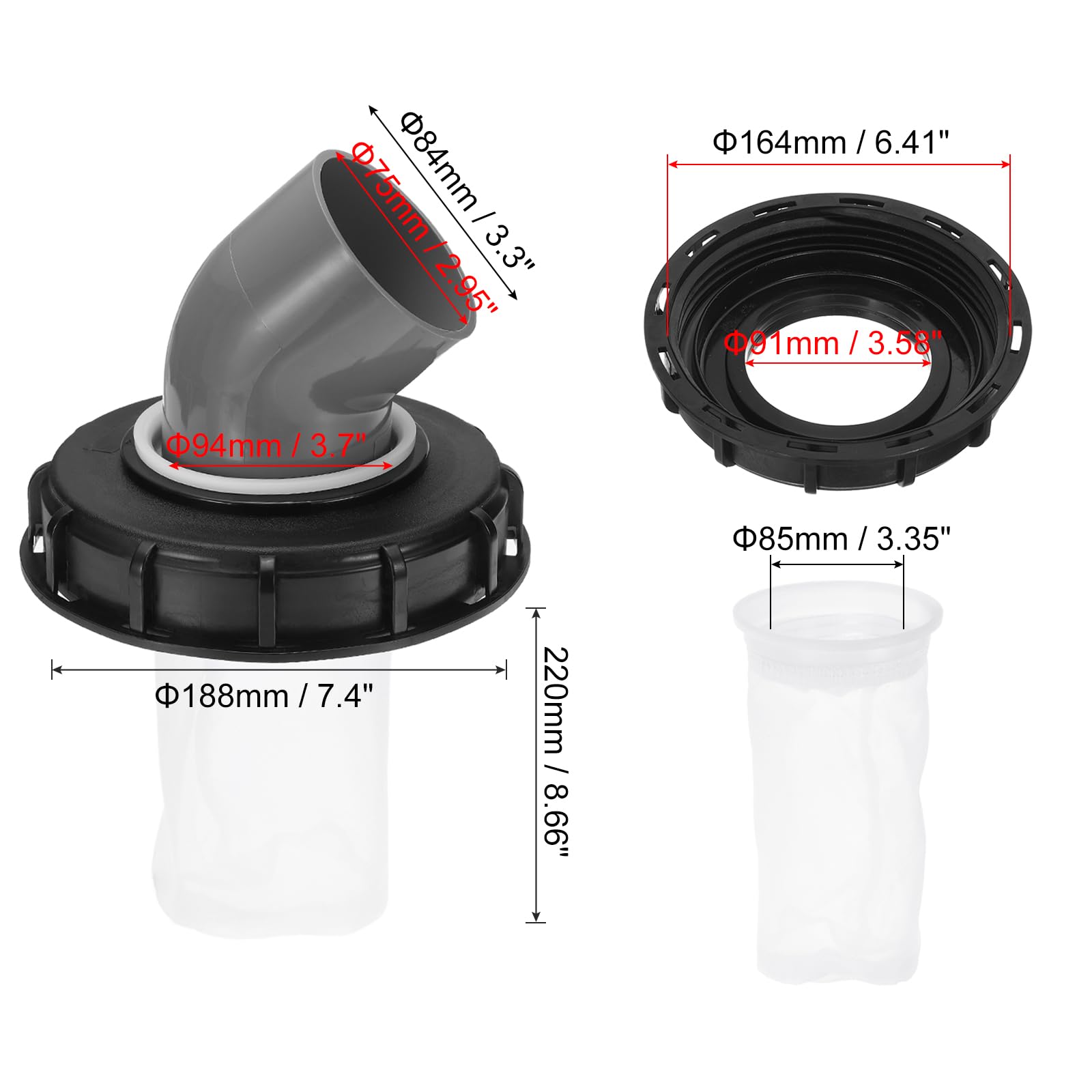 sourcing map Tapa de filtro IBC de 163 mm, adaptador de manguera de plástico IBC de 45°, contenedor de tanque de agua de lluvia de 1000 L con filtro de nailon lavable para tanques de agua de 275