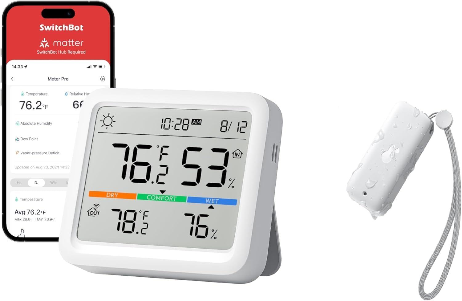 SwitchBot Thermo-Hygrometer Set für Innen & Außen, Bluetooth Temperatur- & Luftfeuchtigkeitssensoren mit Datenspeicherung, Taupunkt, VPD & Absolute Feuchtigkeit