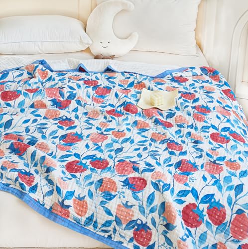 J-pinno Strawberry Cute Red Pink Fruit Muslin Blanket Reversible 100% Cotton 6 Layer Quilt Bed Blanket Soft Warm Throw Sofa Couch Toddler Kids Cartoon Travel Coverlet (Strawberry, Twin 56