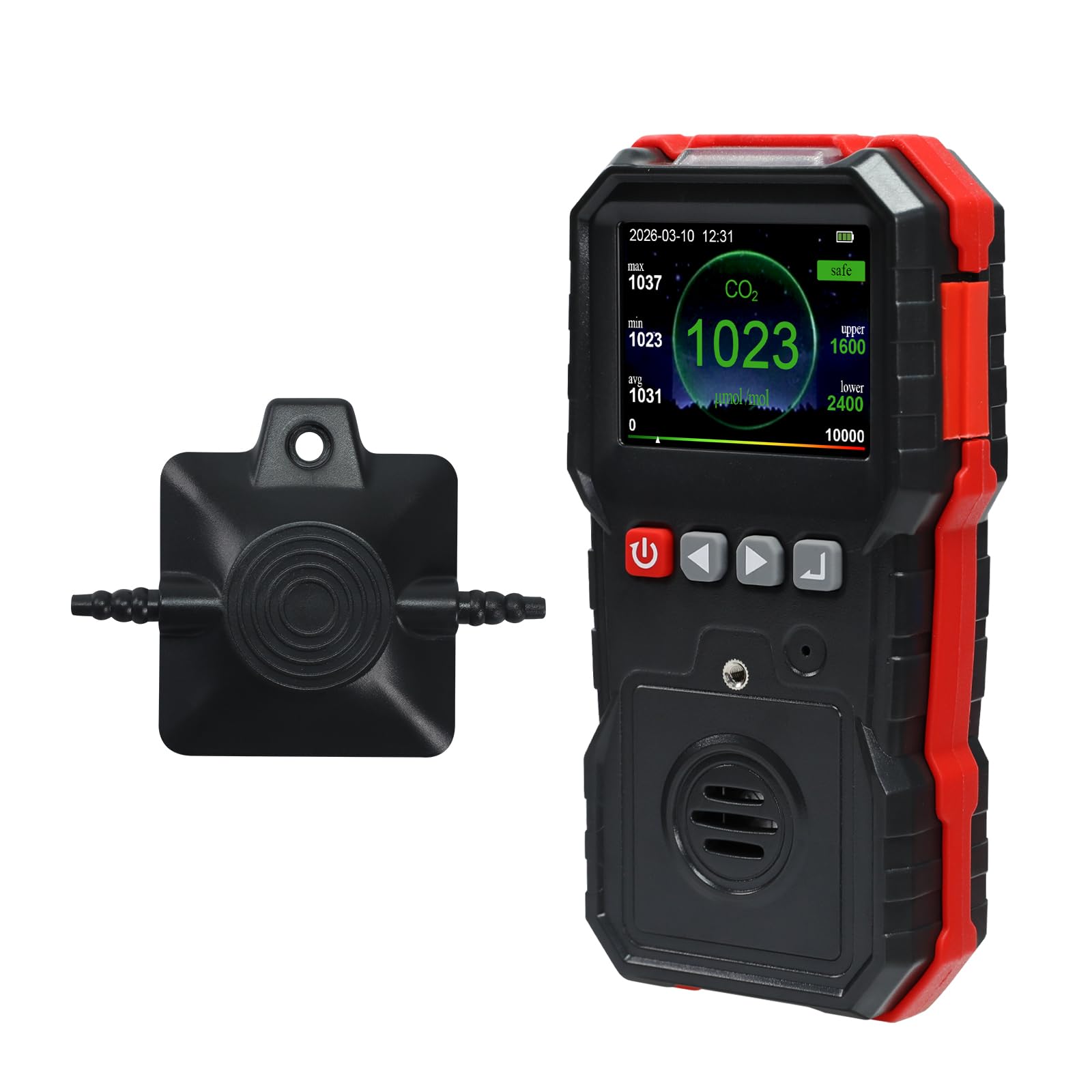 portable co2 detector, handheld carbon dioxide gas monitor with visual audible alarm, data logging clip-on co2 meter 0-10000ppm for greenhouse industrial site inspection
