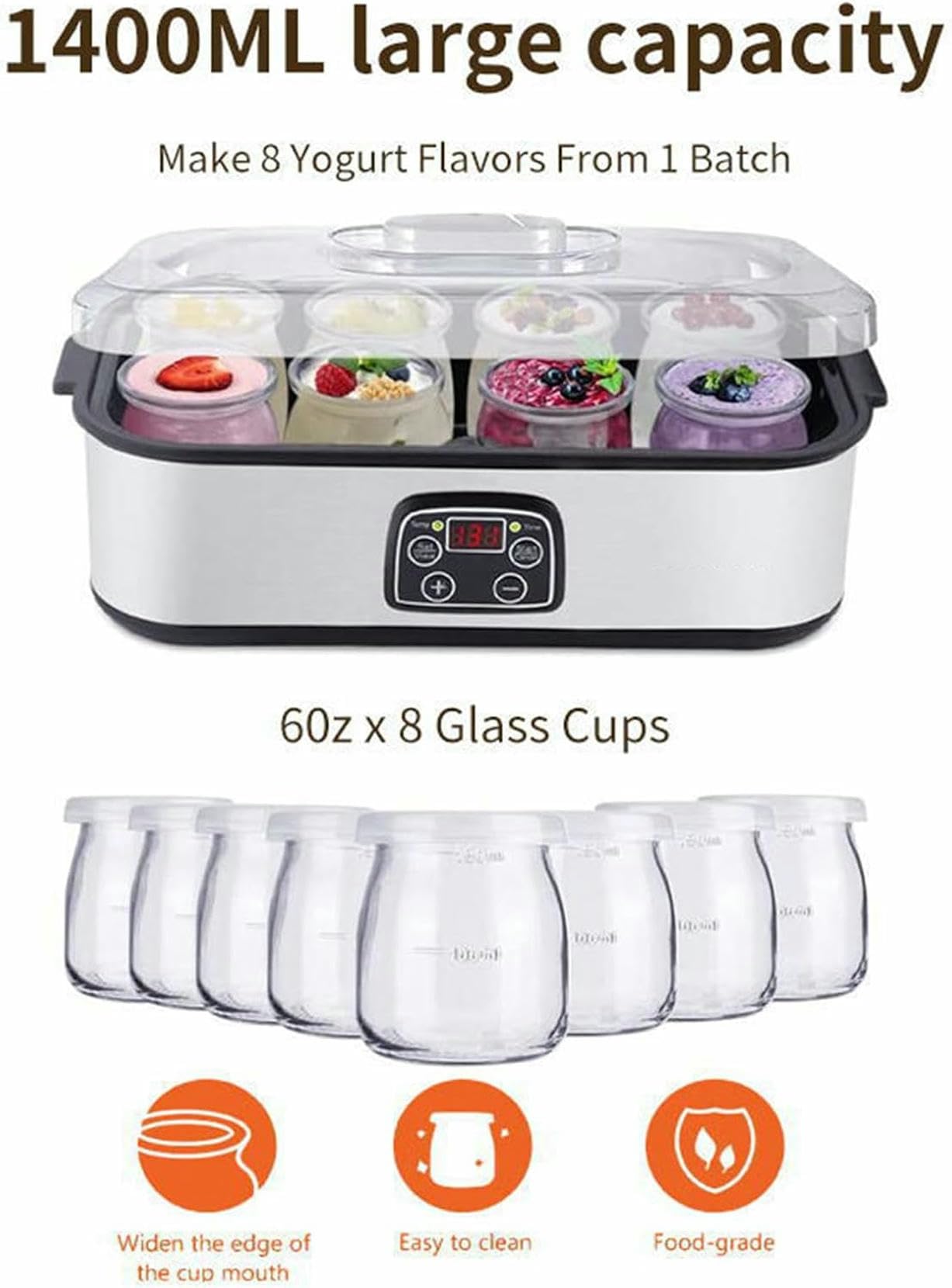 Yogurtera, 1400 ml Ultimate Yogurtera Probiótica con 8 Frascos de Vidrio, Pantalla LED y Temporizador, Máquina Automática para Hacer Yogur con Control Automático de Temperatura para Yogur Casero