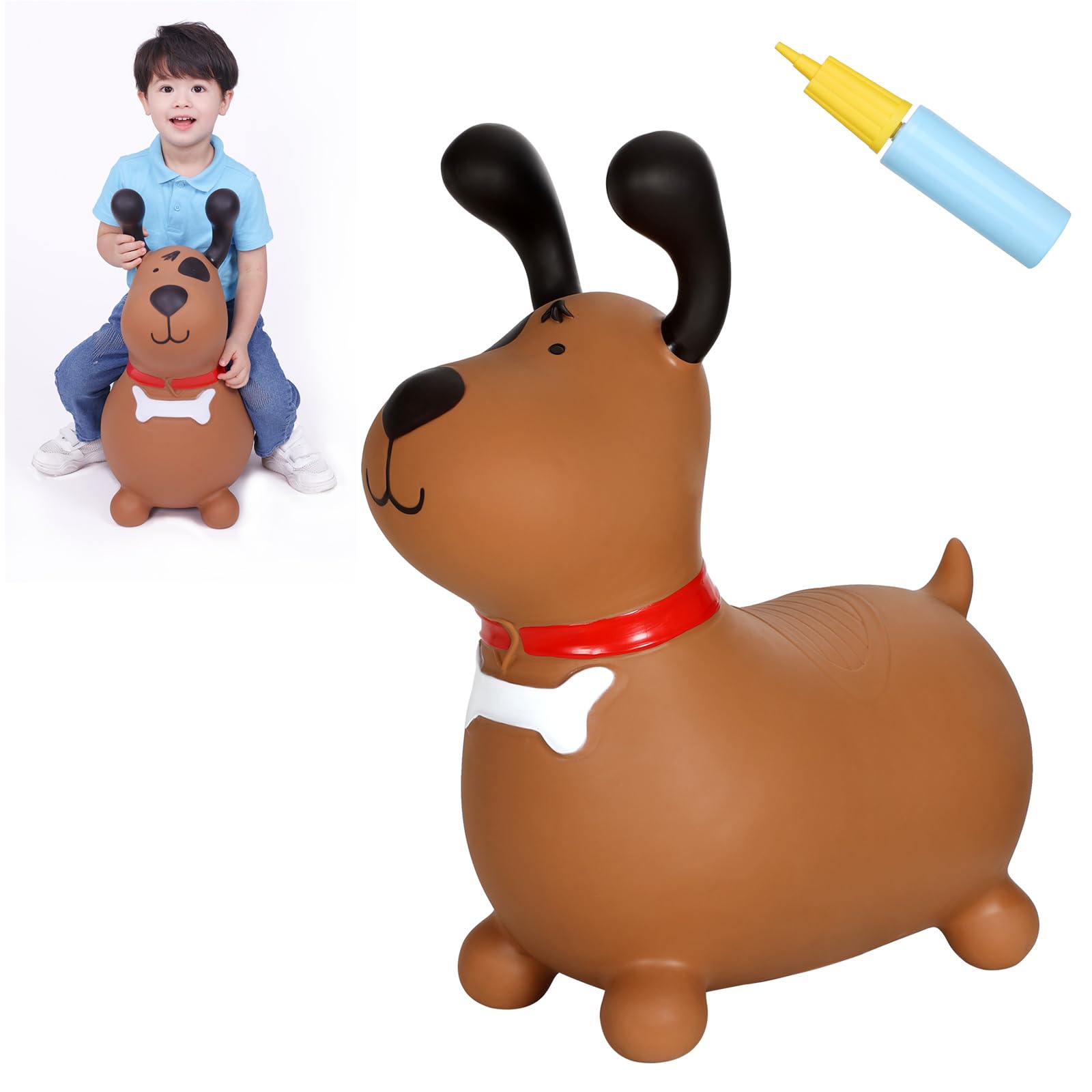 INPANY Bouncy Brown Dog Horse Hopper for Toddlers - Bouncing Horse Hopper, Ride on Animal Toys for Girls Boys, Inflatable Riding Gifts- (Include Pump)