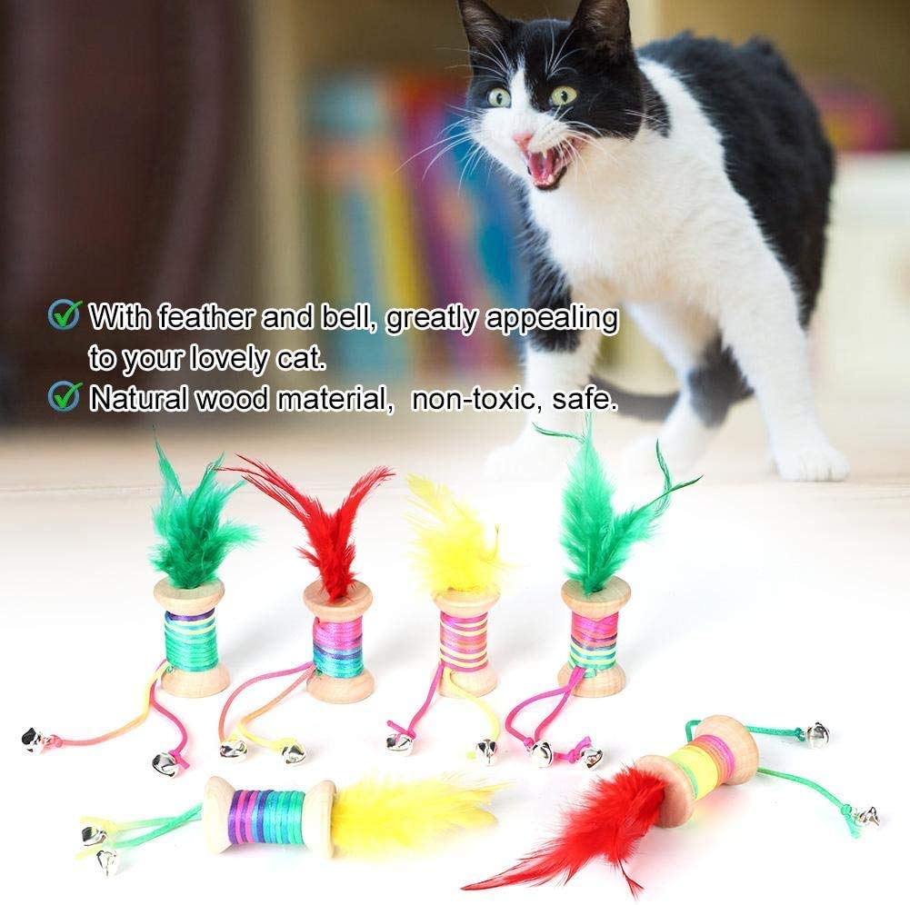 PETS EMPIRE Cat Feather Toys, Rolling Bell with Colourful Ribbon Feather Cat Interactive Toys 1 Piece (Color May Vary)