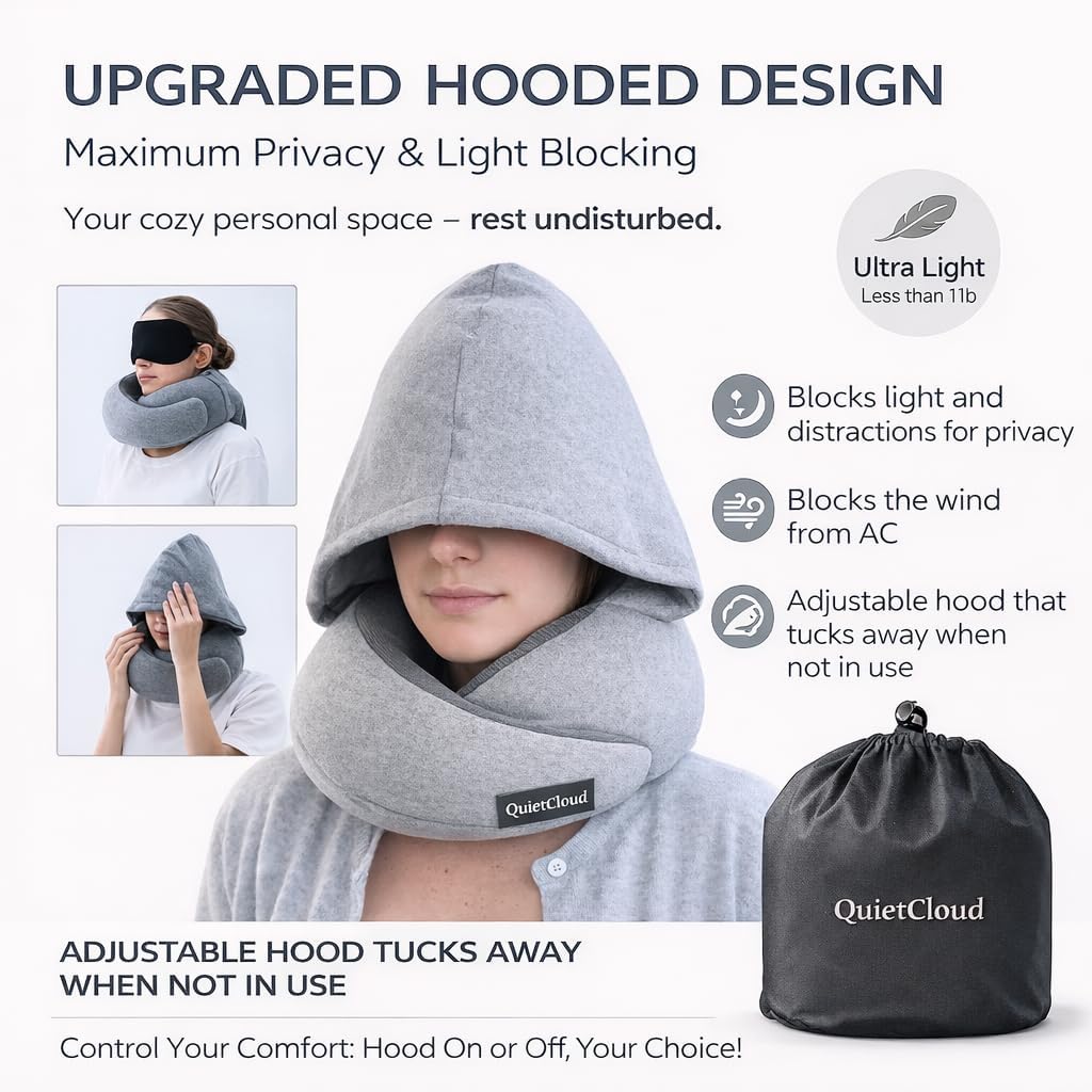 Travel Neck Pillow Hooded Memory Foam 360° Head & Chin Support, Lightweight Breathable Adjustable Fit Travel Neck Pillow with Eye Mask, Earplugs & Carry Bag for Airplanes, Car, Bus, Train & Long Trips