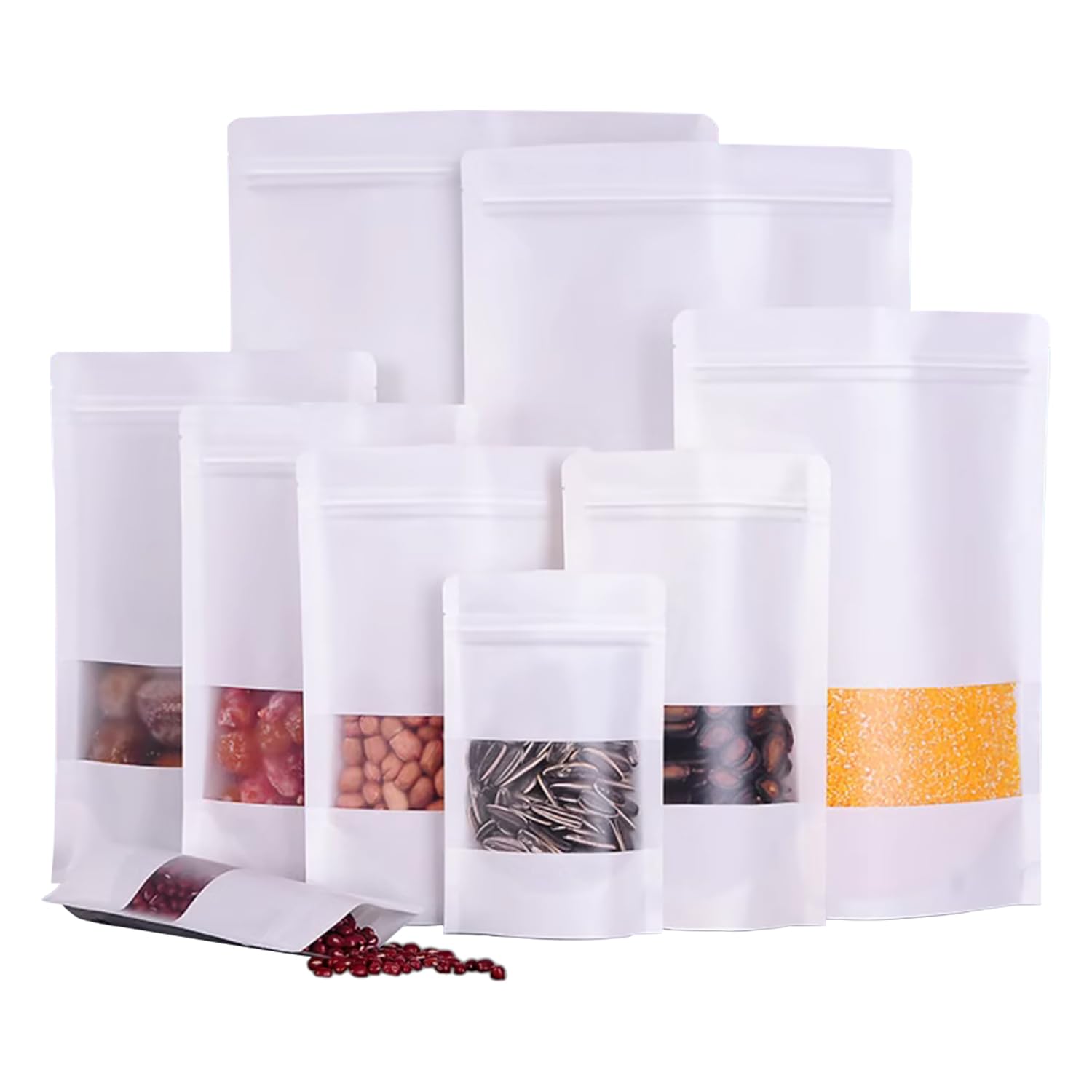 Kraft Sealable Pouches with Window, White Paper Bags - Applicable for Nuts, Coffee Beans, Tea Leaves, Spices etc. 9x14cm 100PCS