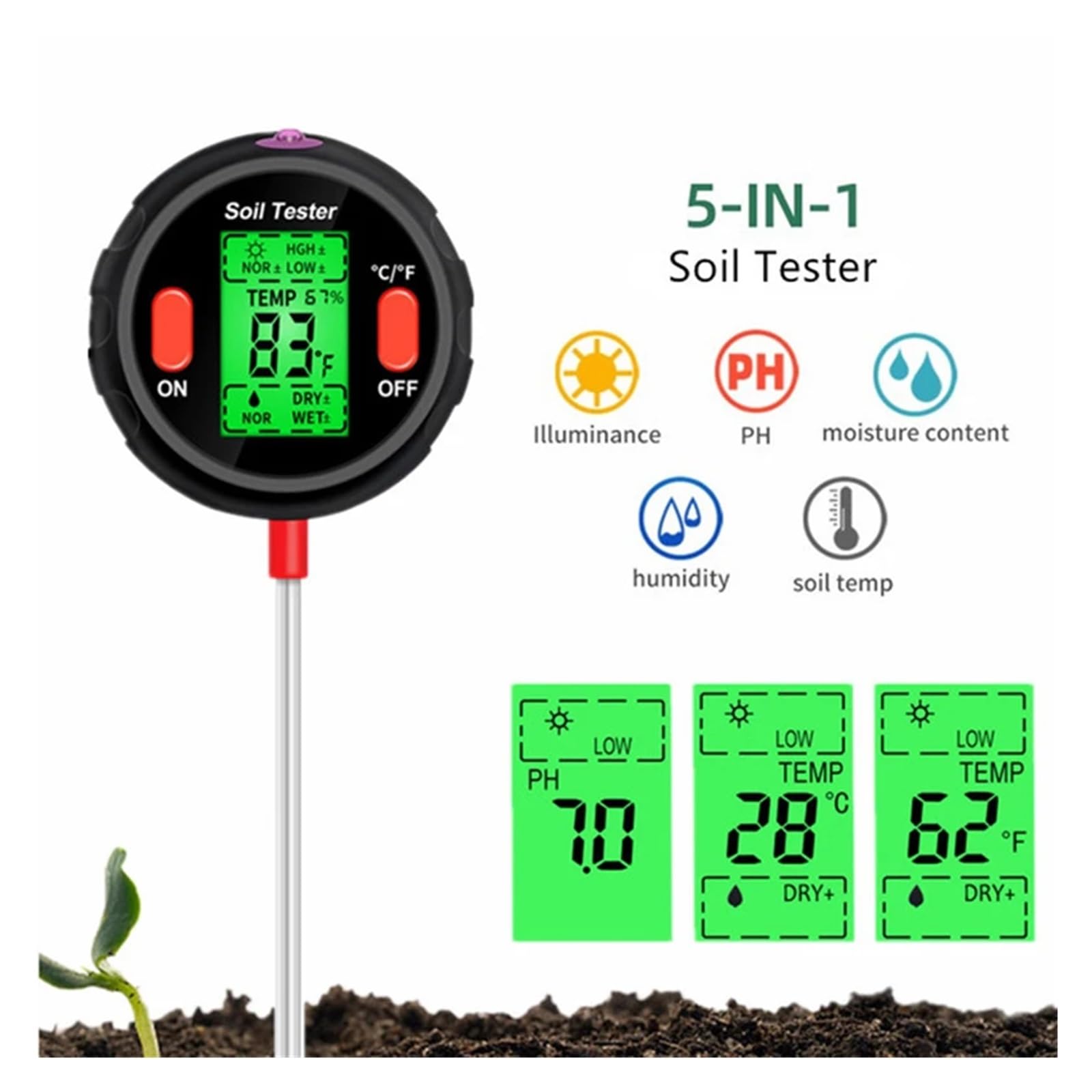 5 in 1 Tester for Terreno in Vaso analizzatore di PH termometro/sensore di umidità/acidità/PH/umidità for Strumento di misurazione del PH del Terreno for Piante da Giardino(with Tool)