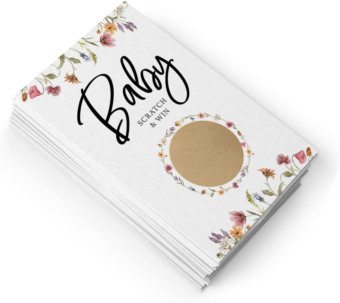 Printed Party Baby Shower Game – Floral Scratch Off Cards for Girl, Baby In Bloom Design, 30 Cards and Stickers