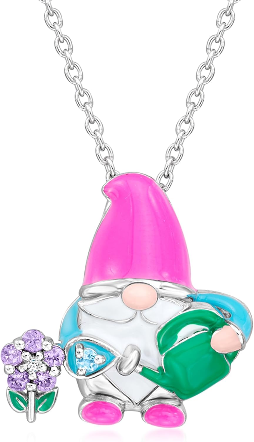 Ross-Simons 0.12 ct. t.w. Multi-Gemstone Garden Gnome Pendant Necklace With Multicolored Enamel in Sterling Silver. 18 inches