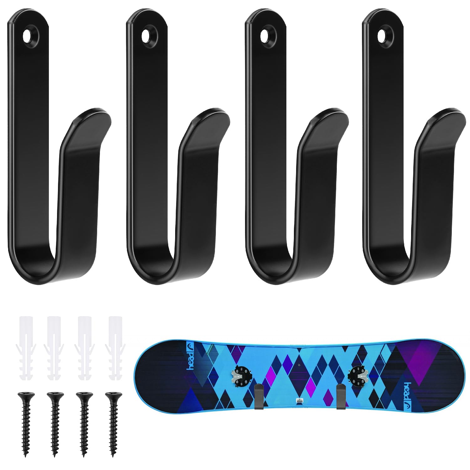 Pokuta 4pcs Snowboard Wall Mount Clips, Horizontal Snowboard Rack Wall Mount with Screws, Black Skateboard Wall Mount for Room Garage