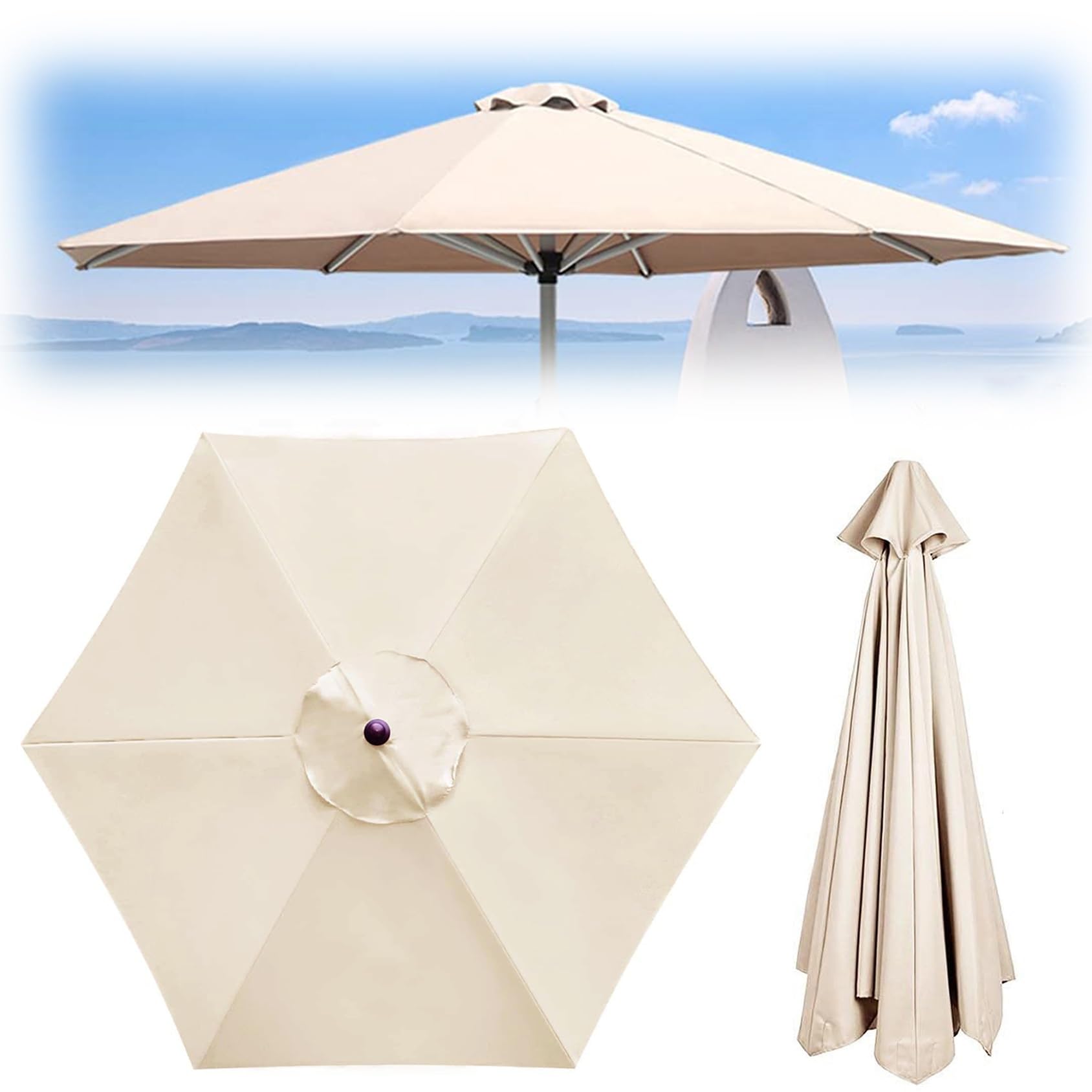 Replacement Umbrella Canopy Cover - 2M 2.7M 3.0M - Waterproof, Sun Protection - Umbrella Replacement Canopy Polyester Fabric Cover Sunshade Cloth For Standard, Cantilever Parasols(Beige,6 RIBS: 250CM/