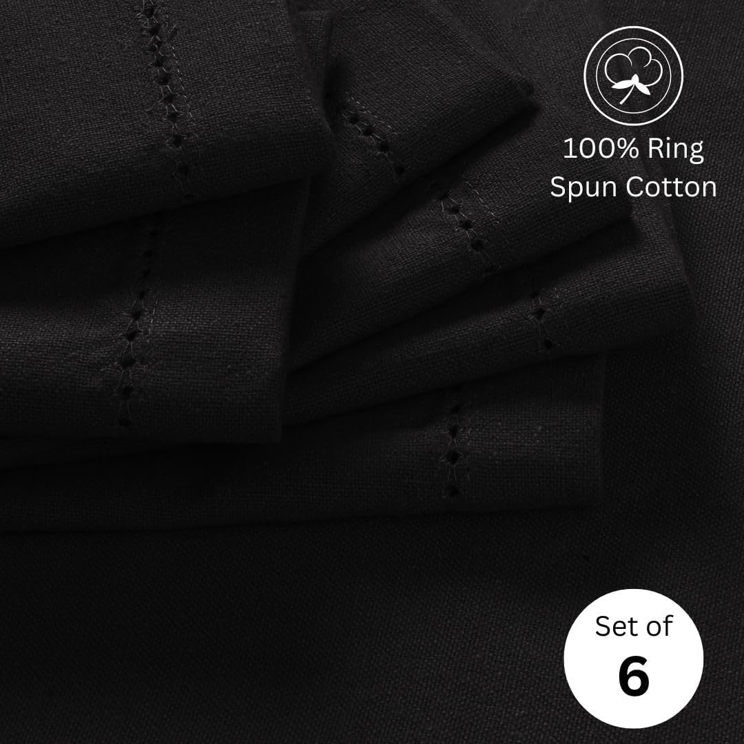 Hemstitch Cloth Dinner Napkins 100% Cotton Set of 6 - for Dining Special Occasions Weddings Parties Holidays Easter - Soft Durable Reusable - 18x18 Inch Table Cloth Napkins Black