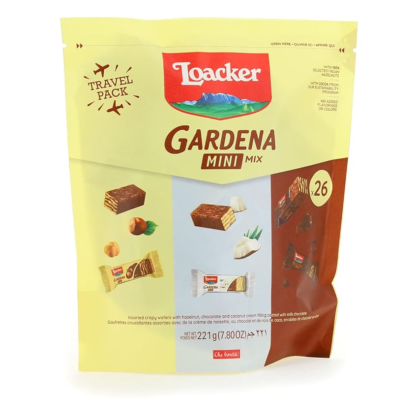 Loacker, Gardena Fingers Mix, 5 Strati di Cialde di Wafer Farcite con 3 varianti di Crema alla Nocciola, Cocco e Cioccolato, Travel Pack, 1 Confezione da 26 Snack Monoporzione