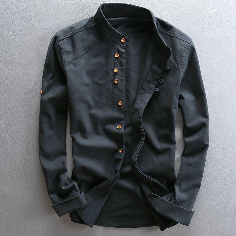 Camisa de lino informal corte entallado primavera cuello mandarín 2