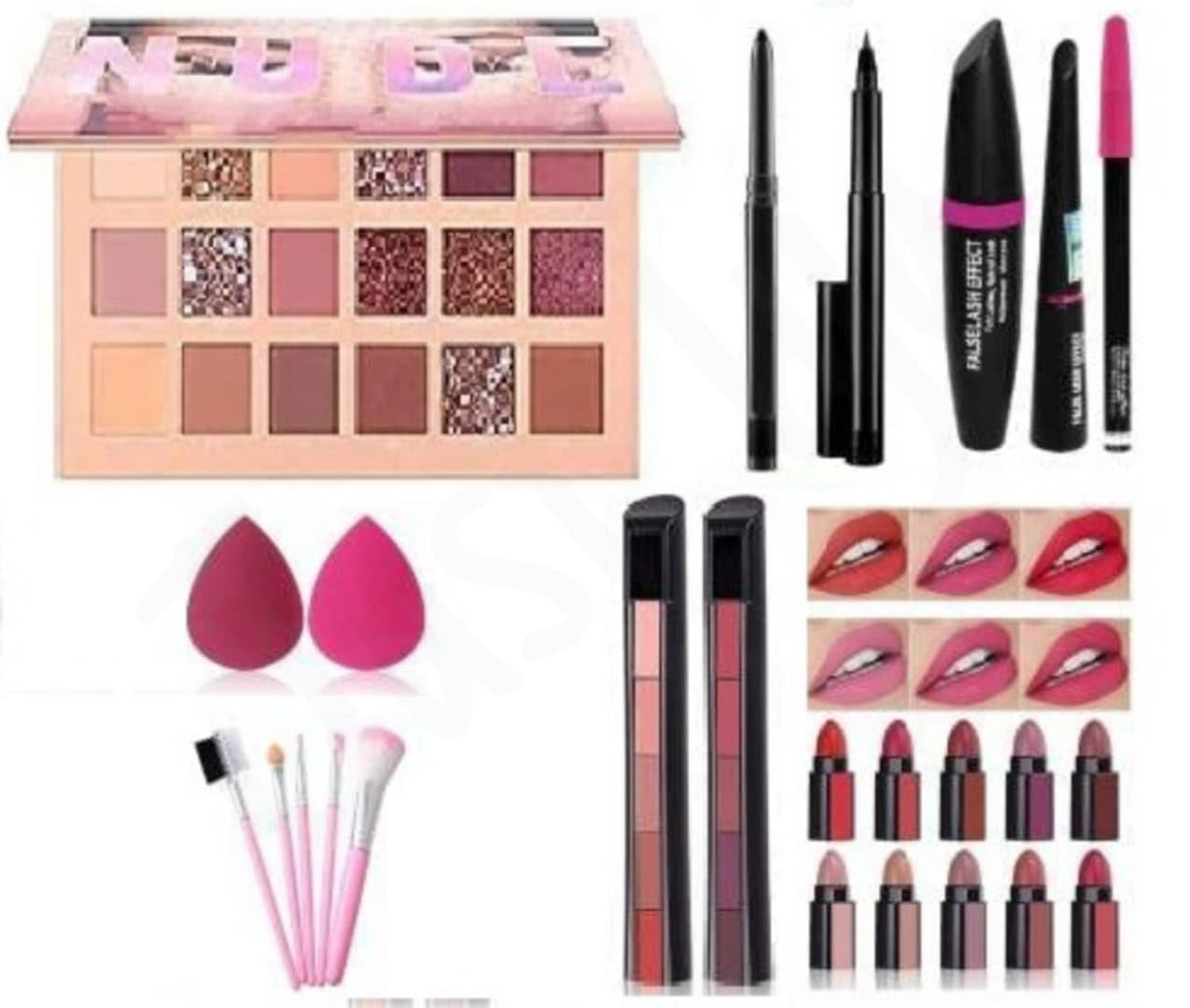 Just Tya Multicolour Professional Nude Edition Eyeshadow Palette Makeup Kit with 5 Pink Makeup Brushes Set, 2 Pcs Red + Nude Lipstick Set,3in1 Eyeliner Combo, 36H, Kajal and 2 Beauty Blenders for Womens and Girls - (Pack of 15)-image-36