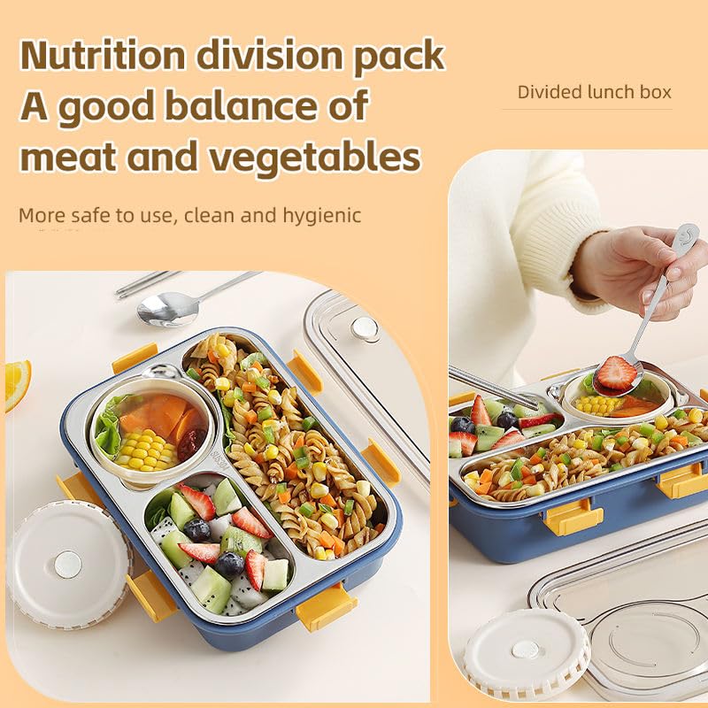 Image of 3 Compartment SUS304 Stainless Steel Lunch Box with Sauce Cup & Cutlery, Leak-Proof Partition Bento Box for School, Office & Travel