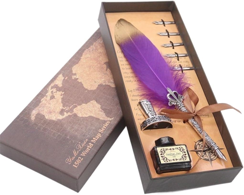 Calligraphy Dip Pen Writing Ink Set Stationery Gift Box with 5 Nib Wedding Quill Metal Fountain(D)