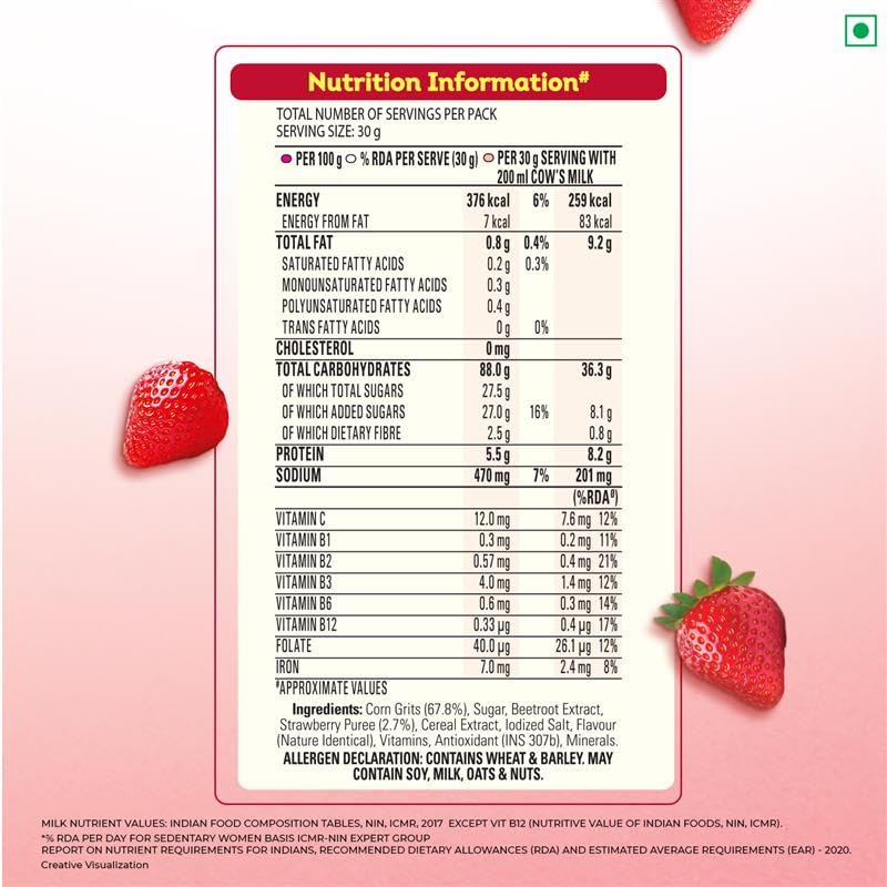 Image of Kellogg's Corn Flakes with Real Strawberry Pure | High in Iron, Vitamins B1, B2, B3, B6, C | Corn Flakes, Breakfast Cereal | Naturally Cholestrol Free, 300g / 345g (Weight May Vary) (Pack of 3)