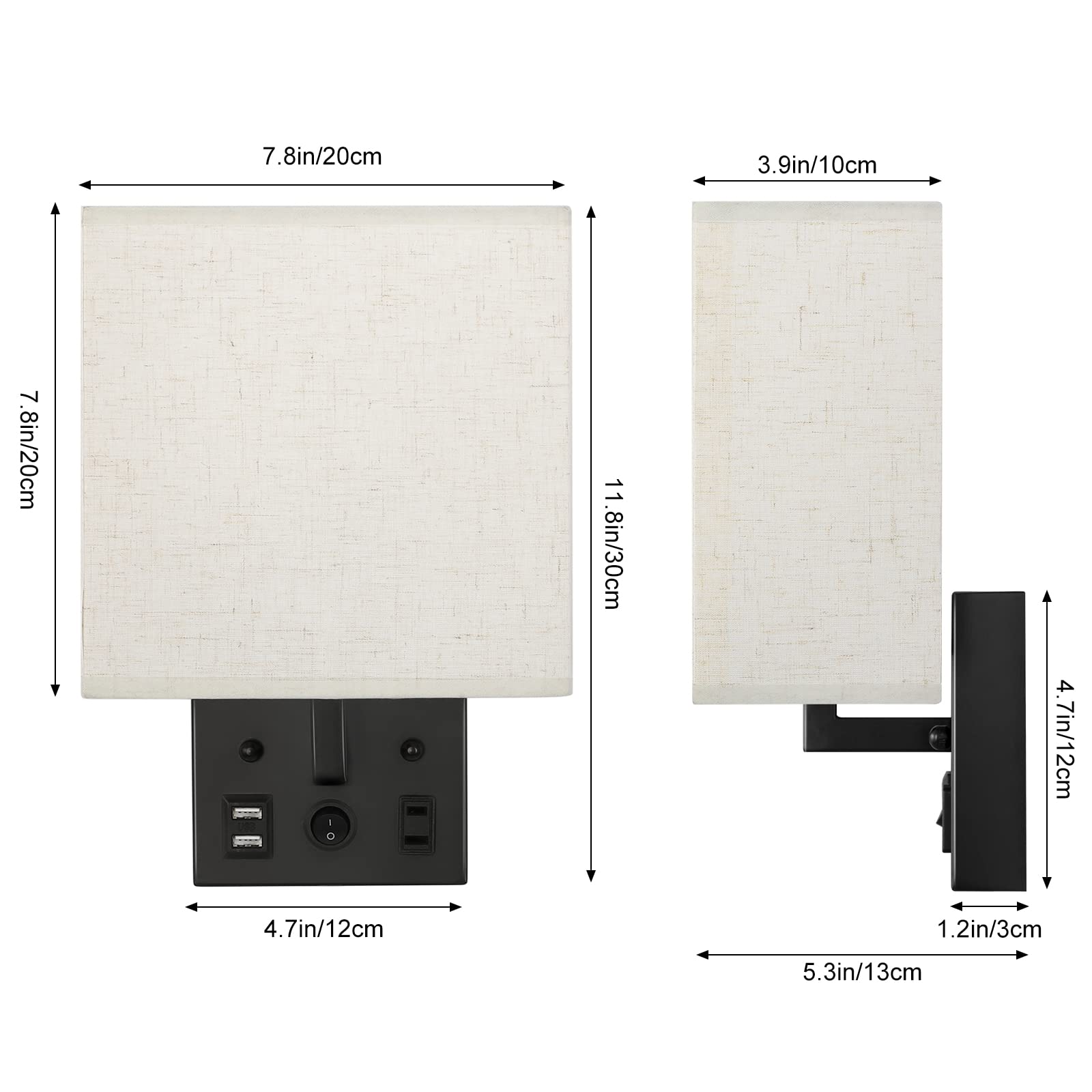 Juego de 2 lámparas de pared de noche, modernos apliques de pared con cable enchufable, lámparas de pared con doble salida USB y CA, lámparas de pared negras para dormitorio, sala de estar (2 6